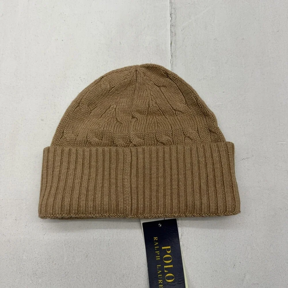 Polo Ralph Lauren Hat Beanie Fitted Mens M Brown Cable Knit Fleece Lined Winter